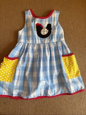 Girls Blue Gingham Chicken Applique Dress with Yellow Pockets